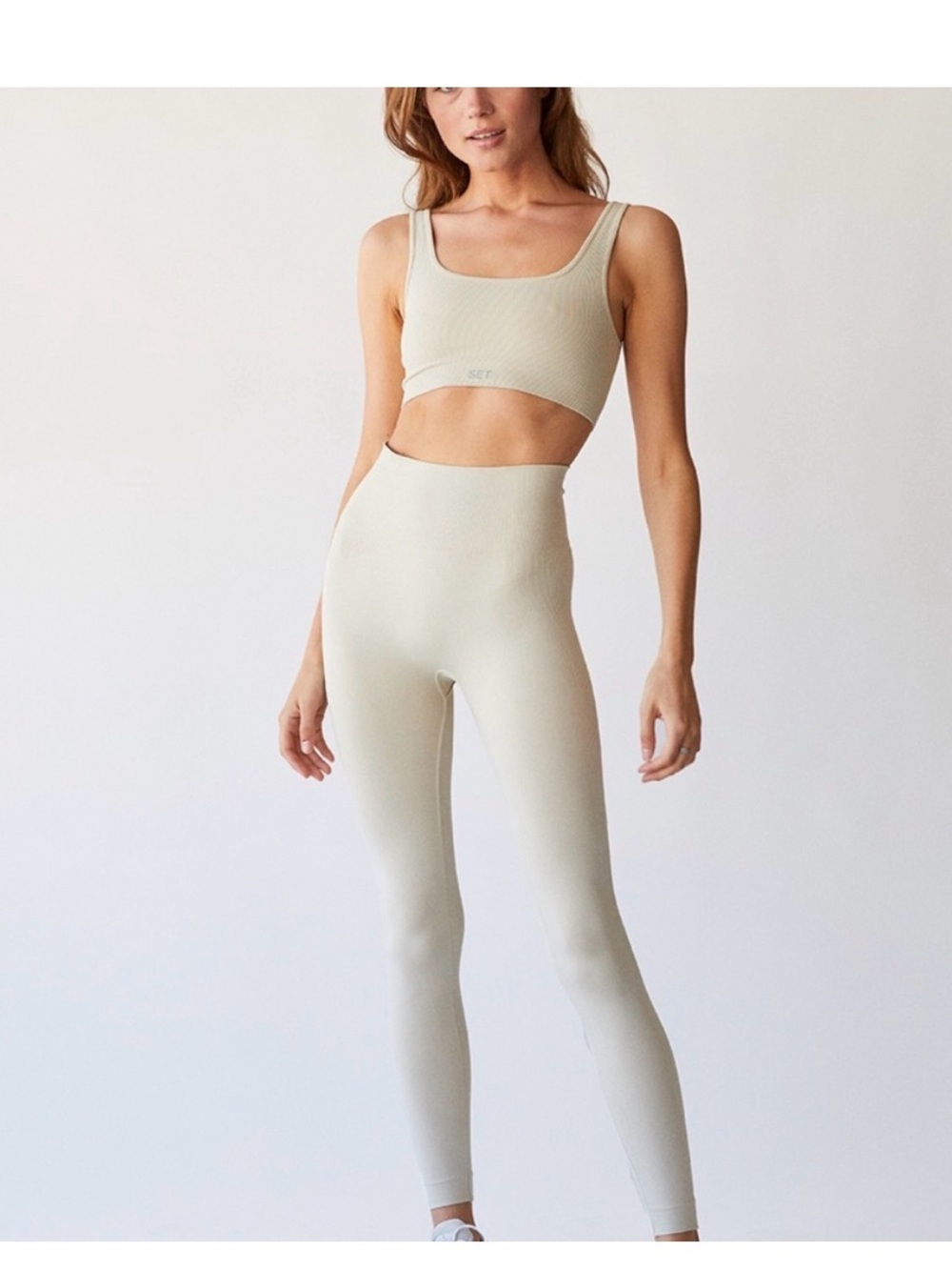 NWT SET Active Tan Oat milk Compression Leggings Size Large Workout Ribbed